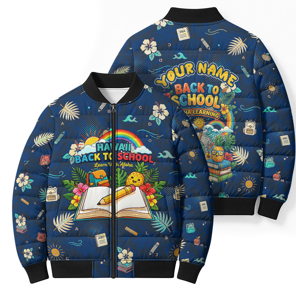 Personalized Hawaii Back To School Aloha Learning Bomber Puffer Jacket Retro Rainbow open Notebook with Pineapple and Hibiscus Flowers TS04 - Polynesian Pride