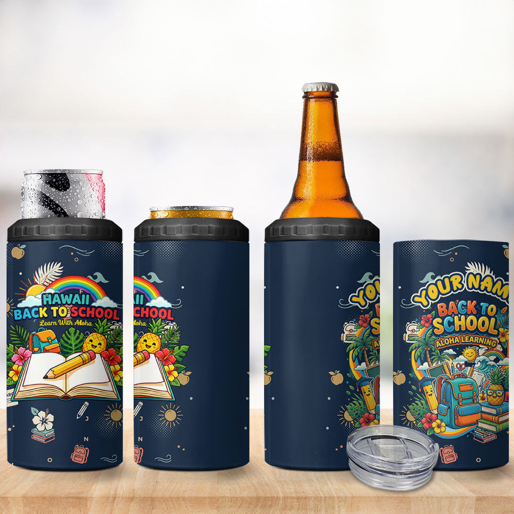 Personalized Hawaii Back To School Aloha Learning 4 in 1 Can Cooler Tumbler Retro Rainbow open Notebook with Pineapple and Hibiscus Flowers TS04 - Polynesian Pride