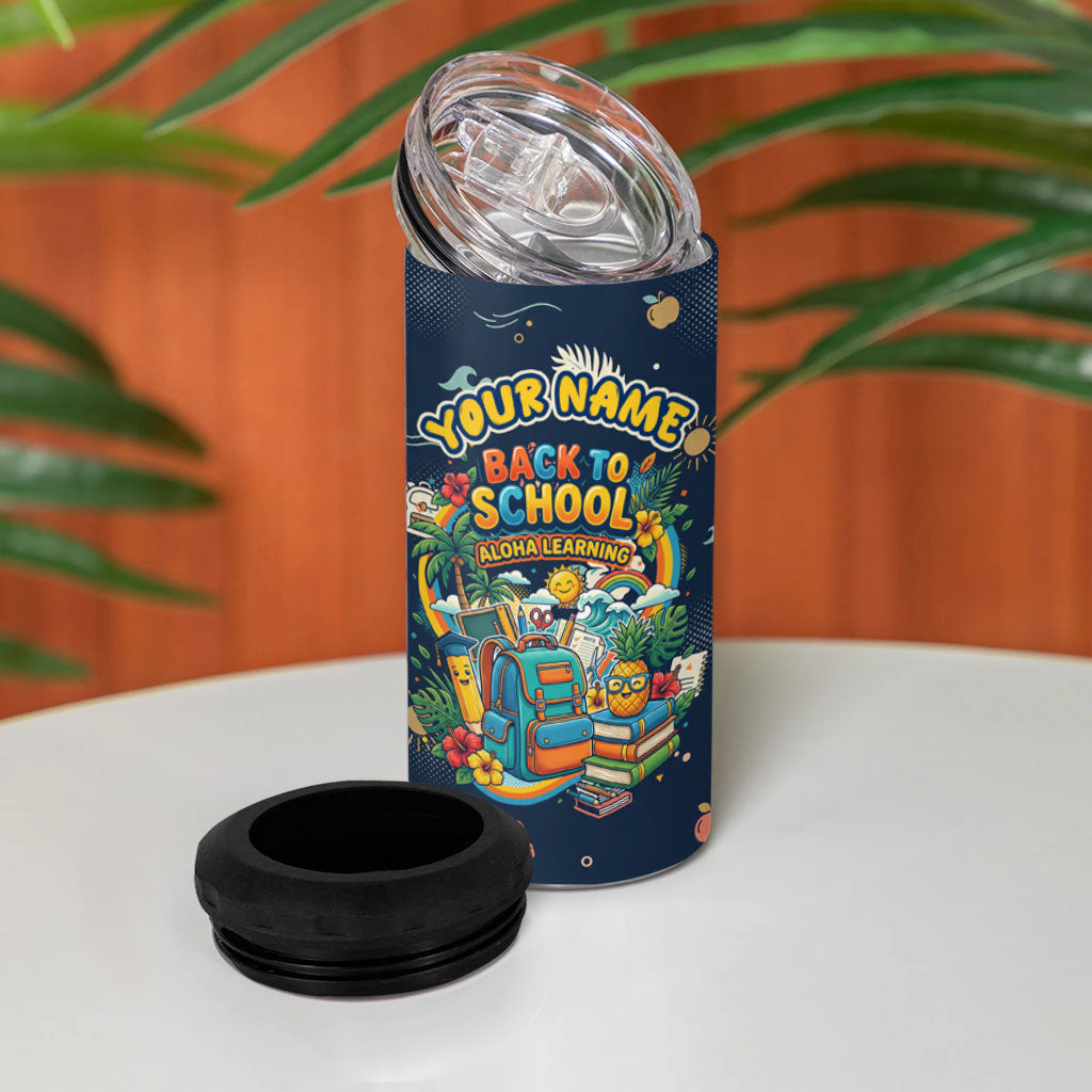 Personalized Hawaii Back To School Aloha Learning 4 in 1 Can Cooler Tumbler Retro Rainbow open Notebook with Pineapple and Hibiscus Flowers TS04 - Polynesian Pride
