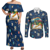 Personalized Hawaii Back To School Aloha Learning Couples Matching Off Shoulder Maxi Dress and Long Sleeve Button Shirt Retro Rainbow open Notebook with Pineapple and Hibiscus Flowers TS04 Blue - Polynesian Pride