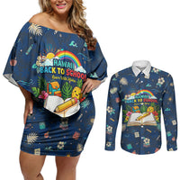 Personalized Hawaii Back To School Aloha Learning Couples Matching Off Shoulder Short Dress and Long Sleeve Button Shirt Retro Rainbow open Notebook with Pineapple and Hibiscus Flowers TS04 Blue - Polynesian Pride