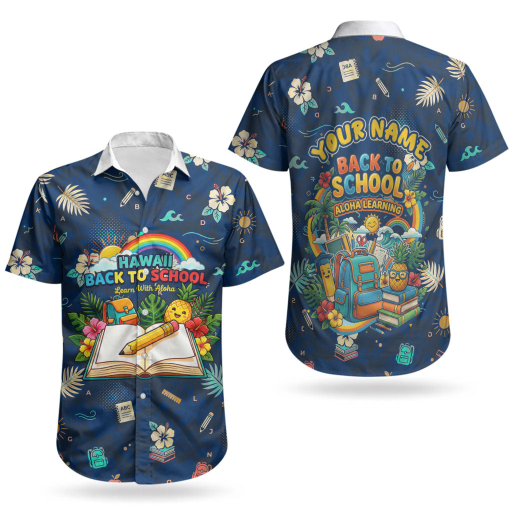 Personalized Hawaii Back To School Aloha Learning Couples Matching Summer Maxi Dress and Hawaiian Shirt Retro Rainbow open Notebook with Pineapple and Hibiscus Flowers TS04 - Polynesian Pride