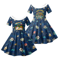 Personalized Hawaii Back To School Aloha Learning Family Matching Long Sleeve Bodycon Dress and Hawaiian Shirt Retro Rainbow open Notebook with Pineapple and Hibiscus Flowers TS04 Daughter's Dress Blue - Polynesian Pride