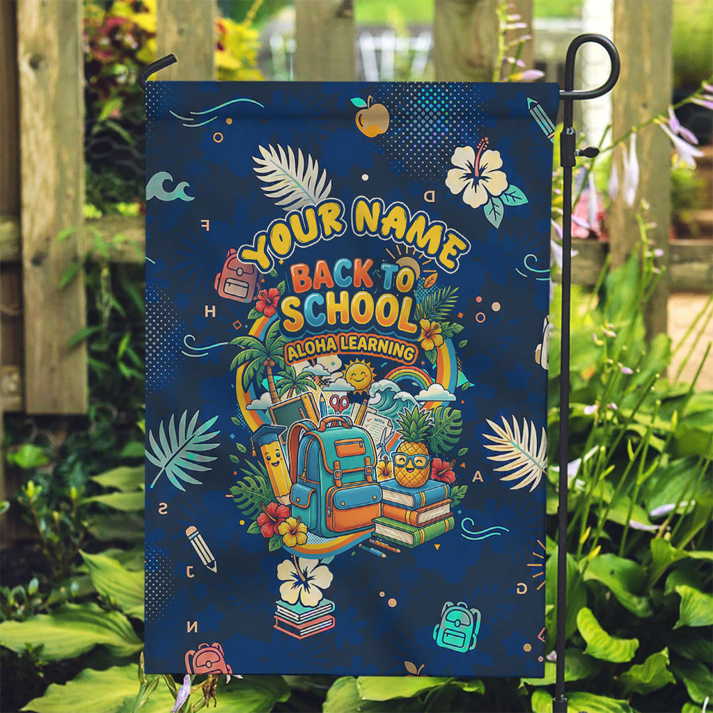 Personalized Hawaii Back To School Aloha Learning Garden Flag Retro Rainbow open Notebook with Pineapple and Hibiscus Flowers TS04 Garden Flag Blue - Polynesian Pride
