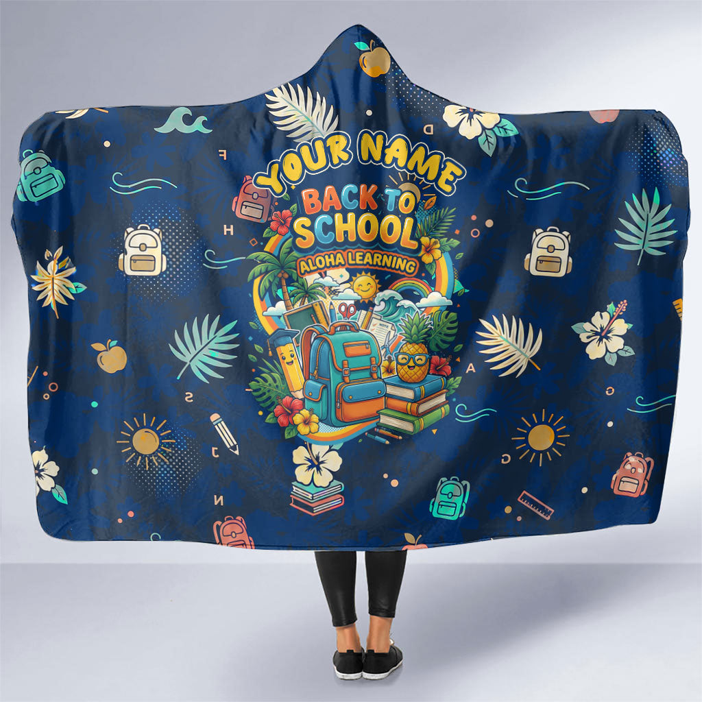 Personalized Hawaii Back To School Aloha Learning Hooded Blanket Retro Rainbow open Notebook with Pineapple and Hibiscus Flowers TS04 One Size Blue - Polynesian Pride