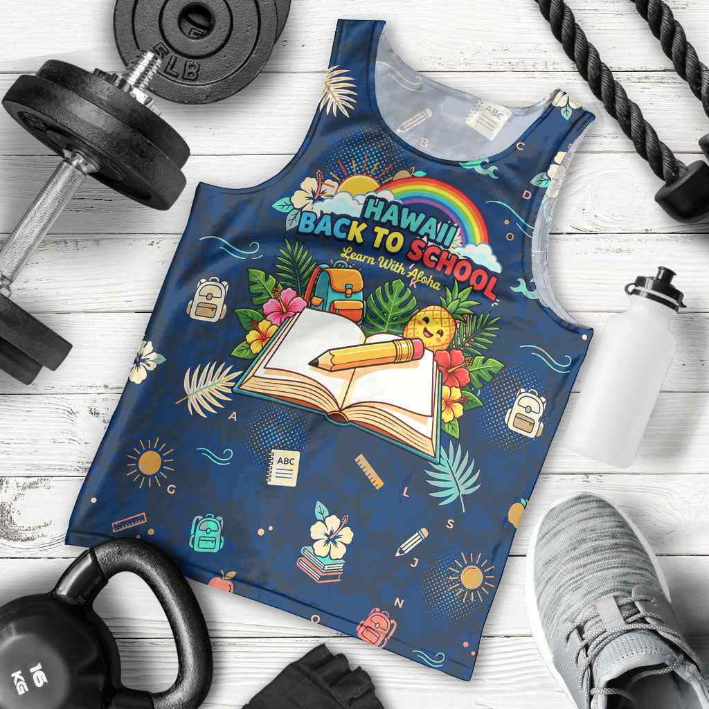Personalized Hawaii Back To School Aloha Learning Men Tank Top Retro Rainbow open Notebook with Pineapple and Hibiscus Flowers TS04 - Polynesian Pride