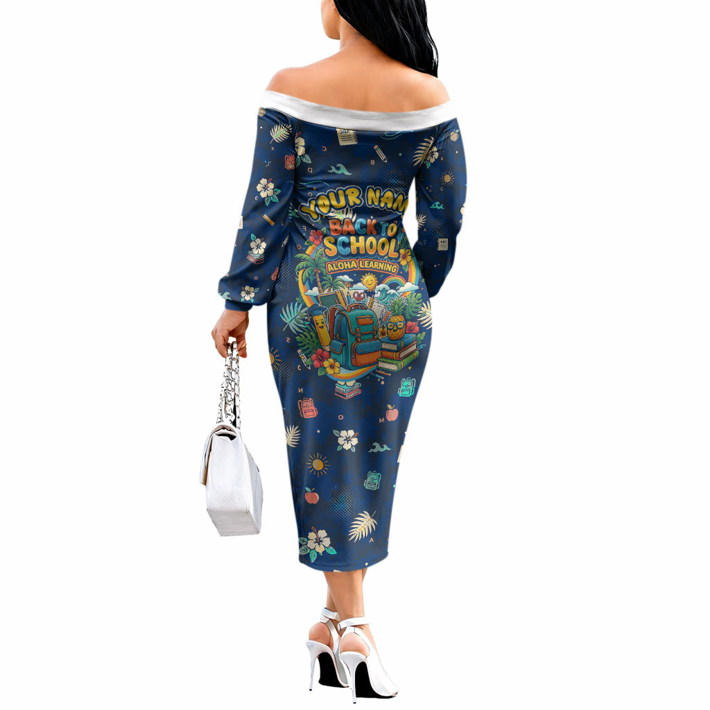 Personalized Hawaii Back To School Aloha Learning Off The Shoulder Long Sleeve Dress Retro Rainbow open Notebook with Pineapple and Hibiscus Flowers TS04 - Polynesian Pride