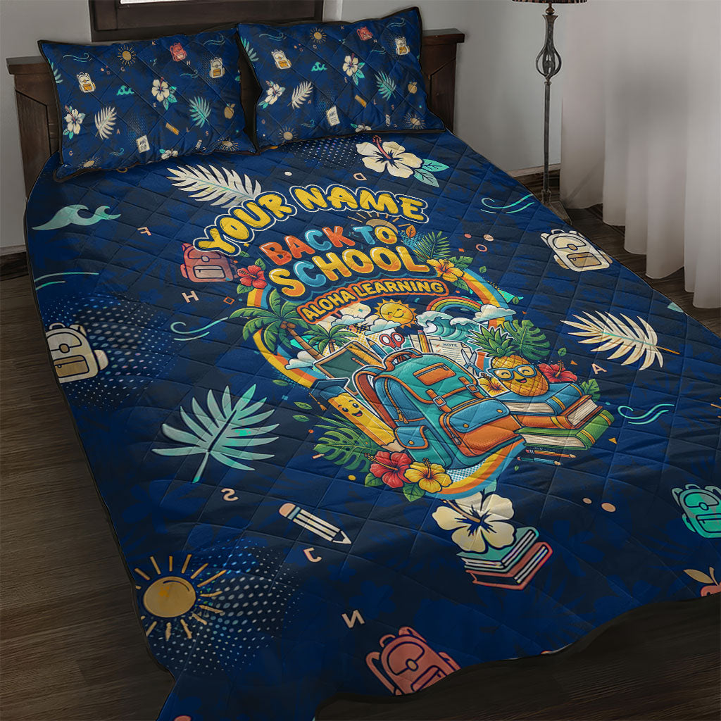 Personalized Hawaii Back To School Aloha Learning Quilt Bed Set Retro Rainbow open Notebook with Pineapple and Hibiscus Flowers TS04 Blue - Polynesian Pride