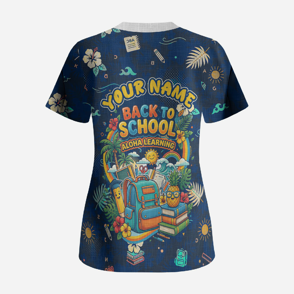Personalized Hawaii Back To School Aloha Learning Scrub Top Retro Rainbow open Notebook with Pineapple and Hibiscus Flowers TS04 - Polynesian Pride