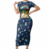 Personalized Hawaii Back To School Aloha Learning Short Sleeve Bodycon Dress Retro Rainbow open Notebook with Pineapple and Hibiscus Flowers TS04 Long Dress Blue - Polynesian Pride