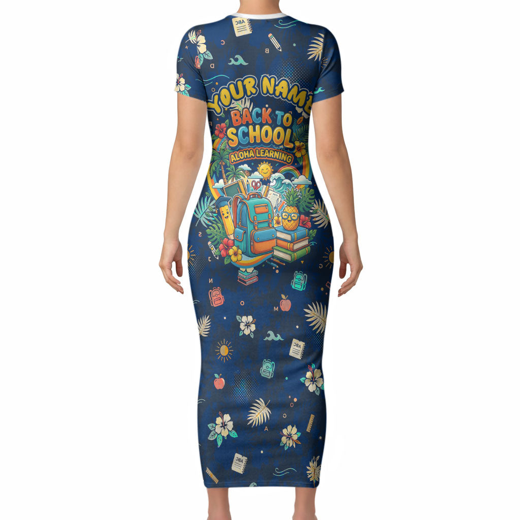Personalized Hawaii Back To School Aloha Learning Short Sleeve Bodycon Dress Retro Rainbow open Notebook with Pineapple and Hibiscus Flowers TS04 - Polynesian Pride