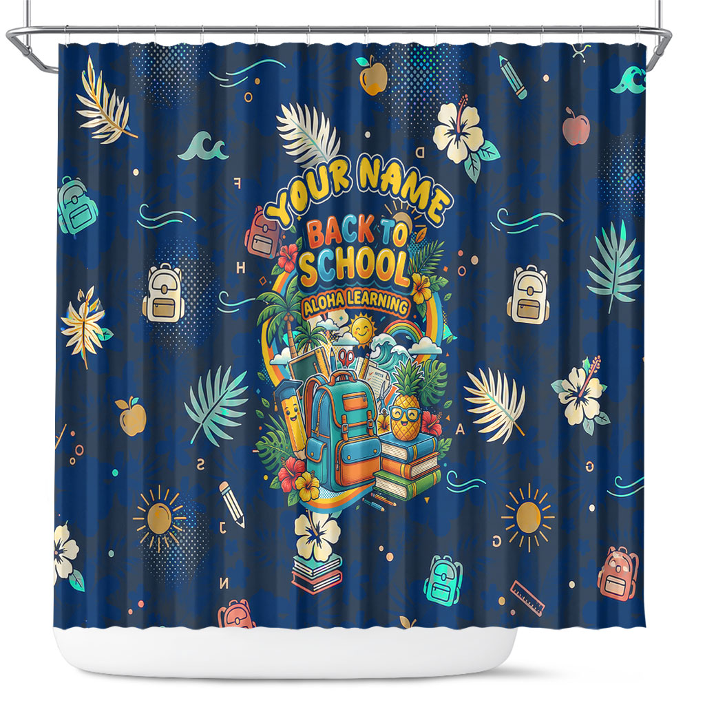 Personalized Hawaii Back To School Aloha Learning Shower Curtain Retro Rainbow open Notebook with Pineapple and Hibiscus Flowers TS04 Blue - Polynesian Pride