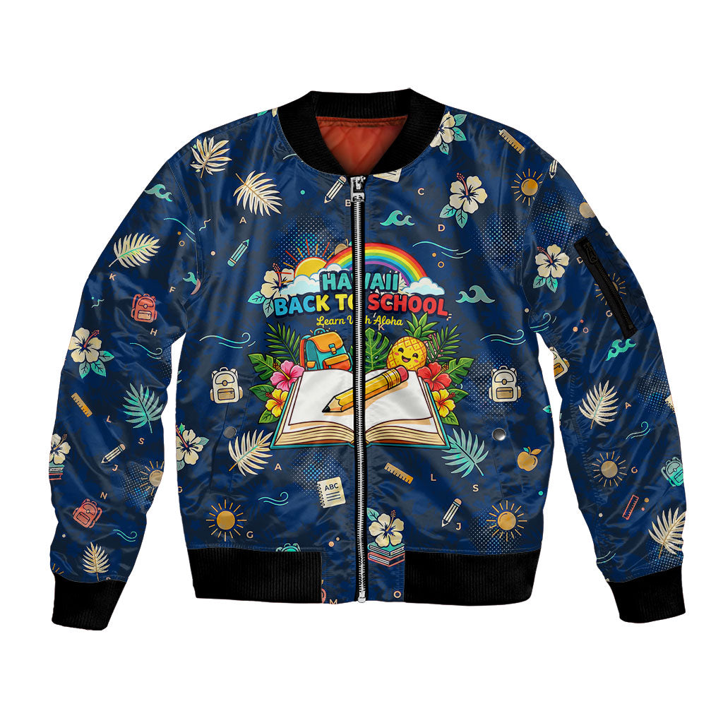 Personalized Hawaii Back To School Aloha Learning Sleeve Zip Bomber Jacket Retro Rainbow open Notebook with Pineapple and Hibiscus Flowers TS04 Unisex Blue - Polynesian Pride