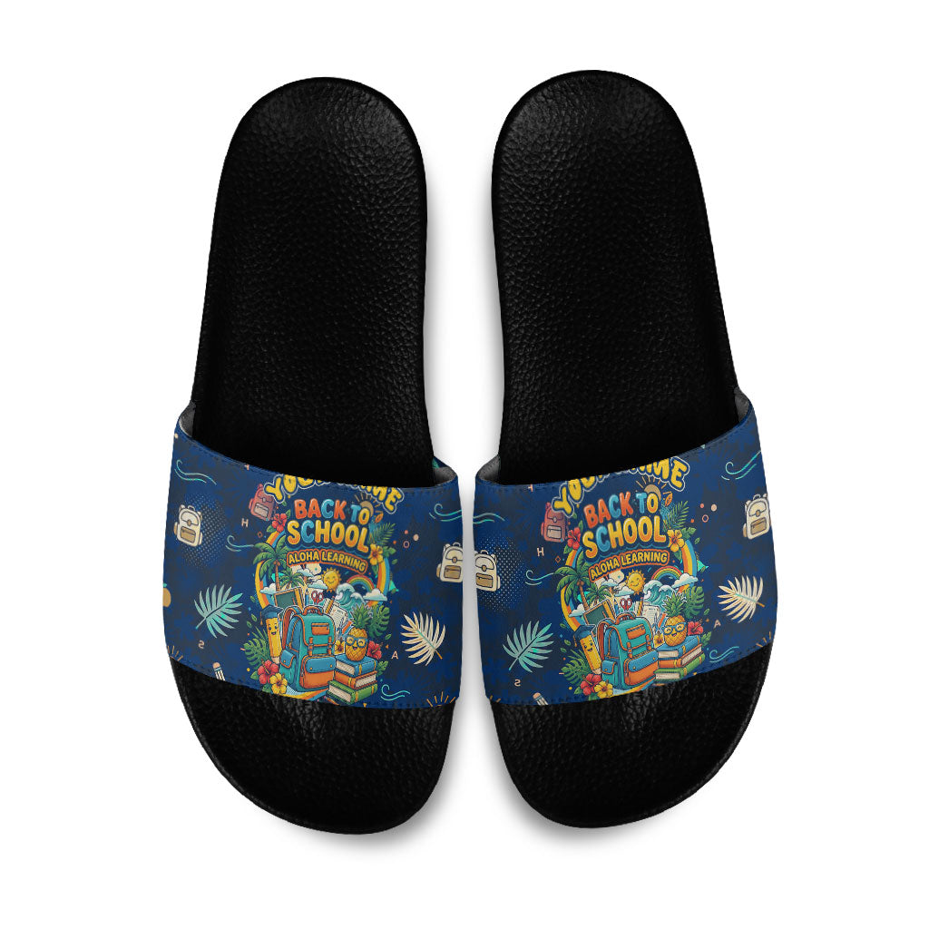 Personalized Hawaii Back To School Aloha Learning Slide Sandals Retro Rainbow open Notebook with Pineapple and Hibiscus Flowers TS04 Blue - Polynesian Pride