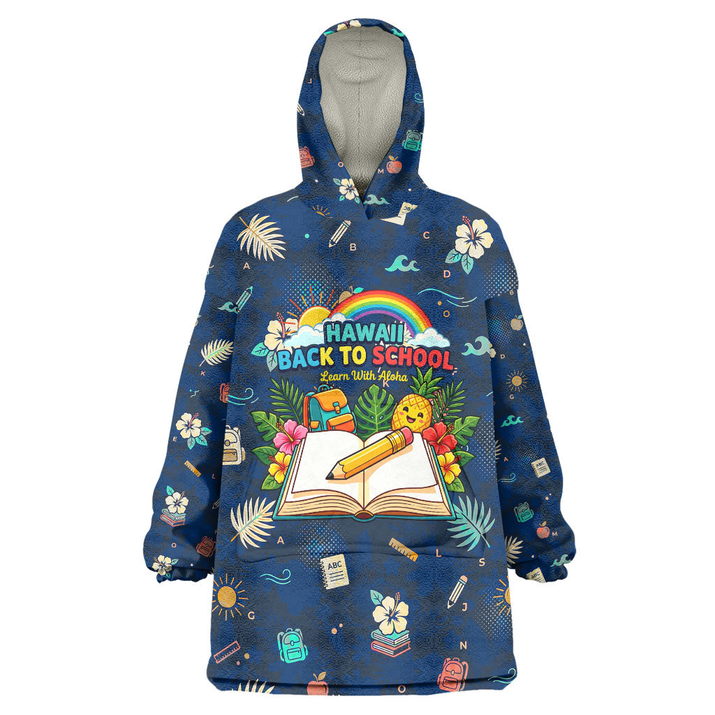 Personalized Hawaii Back To School Aloha Learning Wearable Blanket Hoodie Retro Rainbow open Notebook with Pineapple and Hibiscus Flowers TS04 One Size Blue - Polynesian Pride