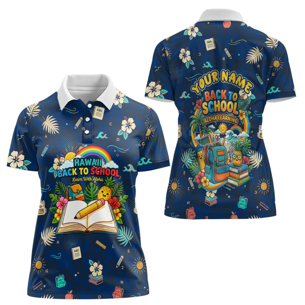 Personalized Hawaii Back To School Aloha Learning Women Polo Shirt Retro Rainbow open Notebook with Pineapple and Hibiscus Flowers TS04 - Polynesian Pride
