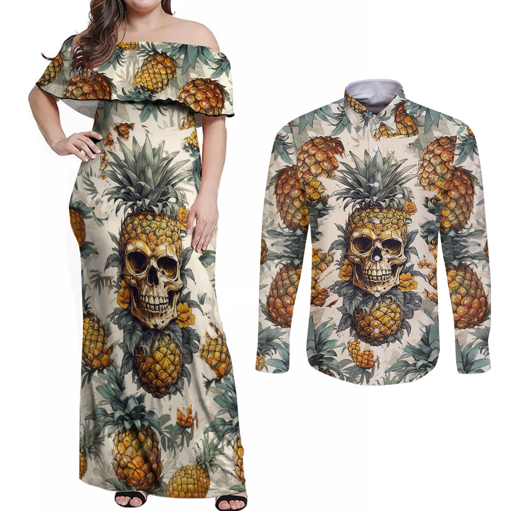 Pineapple Skull Couples Matching Off Shoulder Maxi Dress and Long Sleeve Button Shirts Summer Paradise TS04 - Polynesian Pride