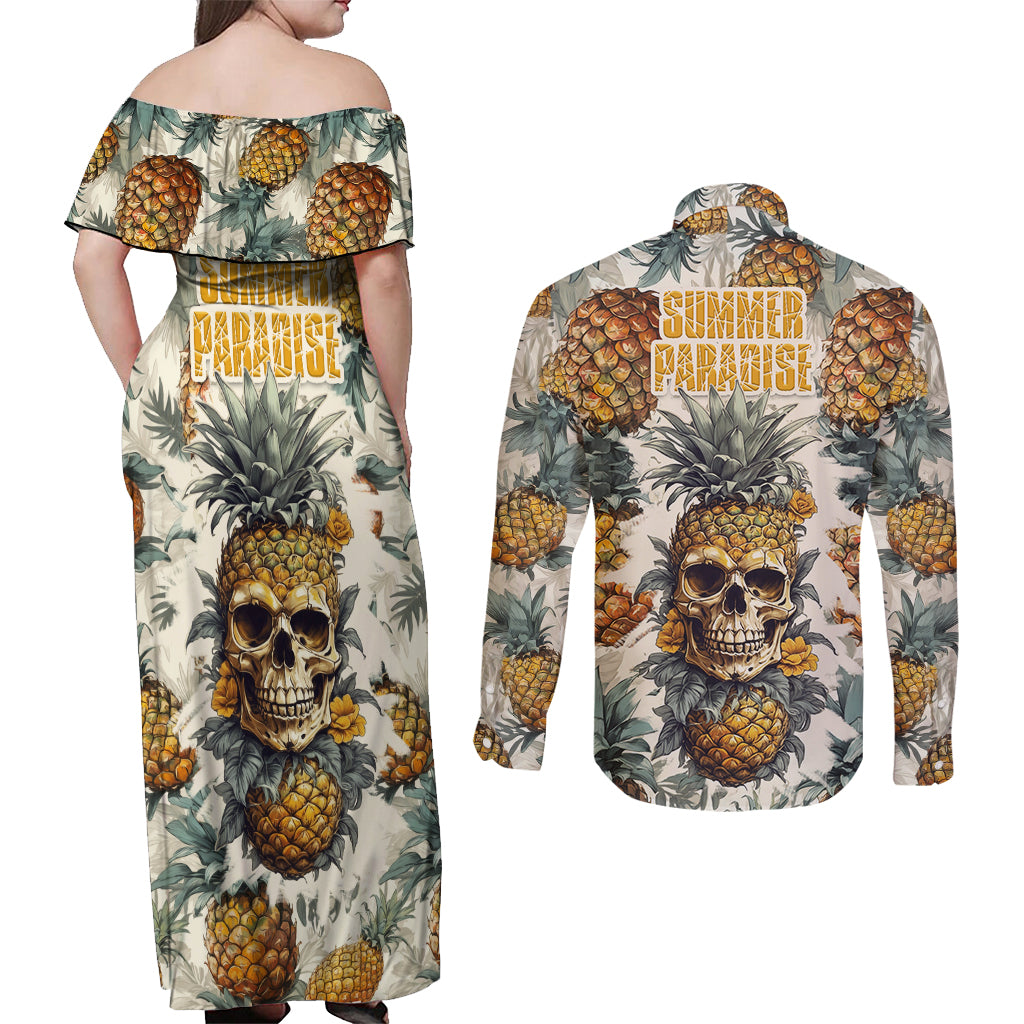 Pineapple Skull Couples Matching Off Shoulder Maxi Dress and Long Sleeve Button Shirts Summer Paradise TS04 Multicolor - Polynesian Pride
