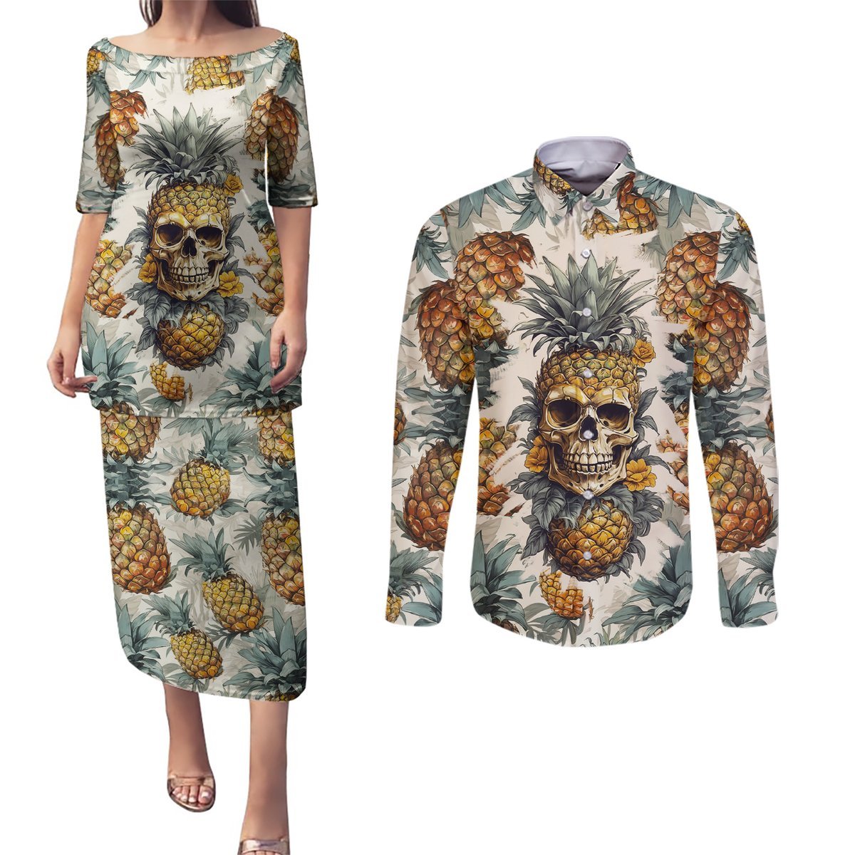Pineapple Skull Couples Matching Puletasi Dress and Long Sleeve Button Shirts Summer Paradise TS04 - Polynesian Pride