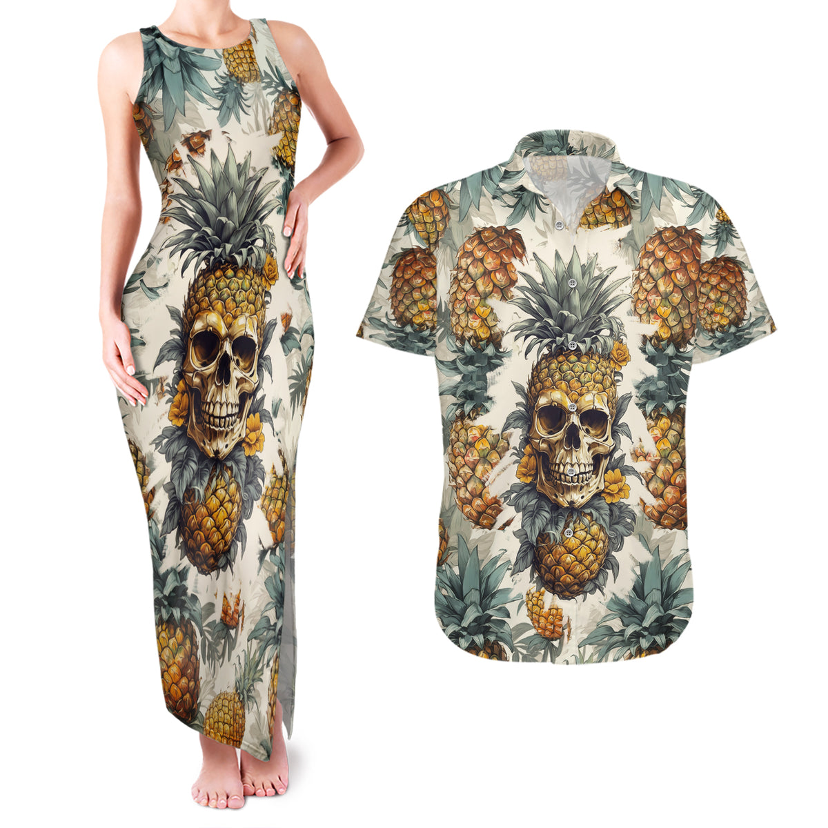 Pineapple Skull Couples Matching Tank Maxi Dress and Hawaiian Shirt Summer Paradise TS04 - Polynesian Pride