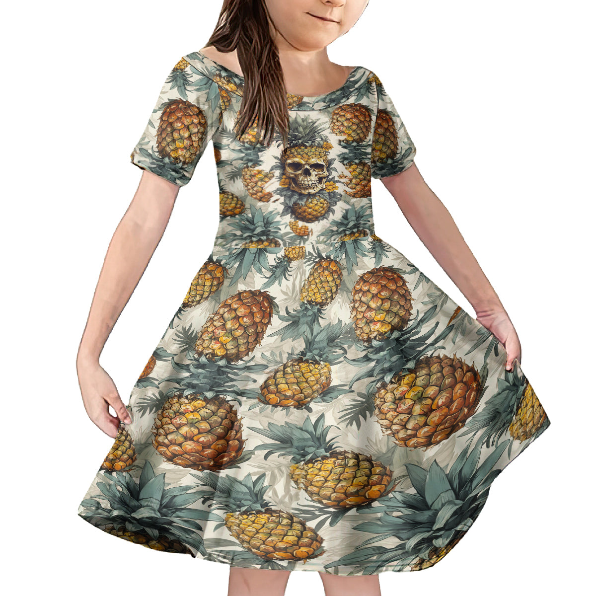Pineapple Skull Family Matching Off Shoulder Short Dress and Hawaiian Shirt Summer Paradise TS04 Daughter's Dress Multicolor - Polynesian Pride