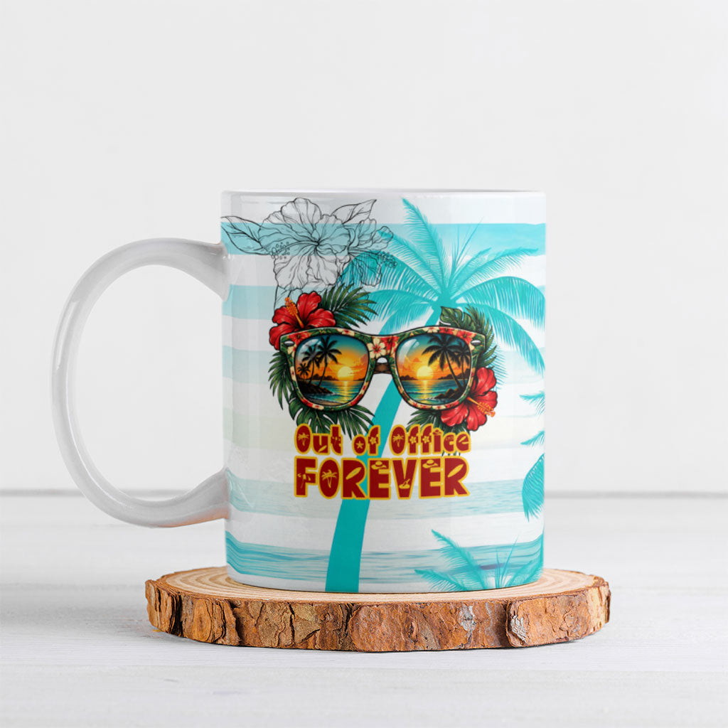 Out Of Office Retired Relocated Ceramic Mug Tropical Island Hawaiian Beach Sunset Sunglasses Suitcase