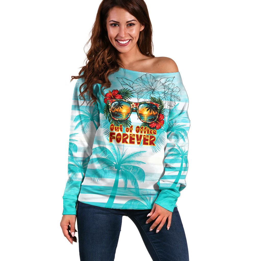 Out Of Office Retired Relocated Off Shoulder Sweater Tropical Island Hawaiian Beach Sunset Sunglasses Suitcase TS04 Women Blue White - Polynesian Pride
