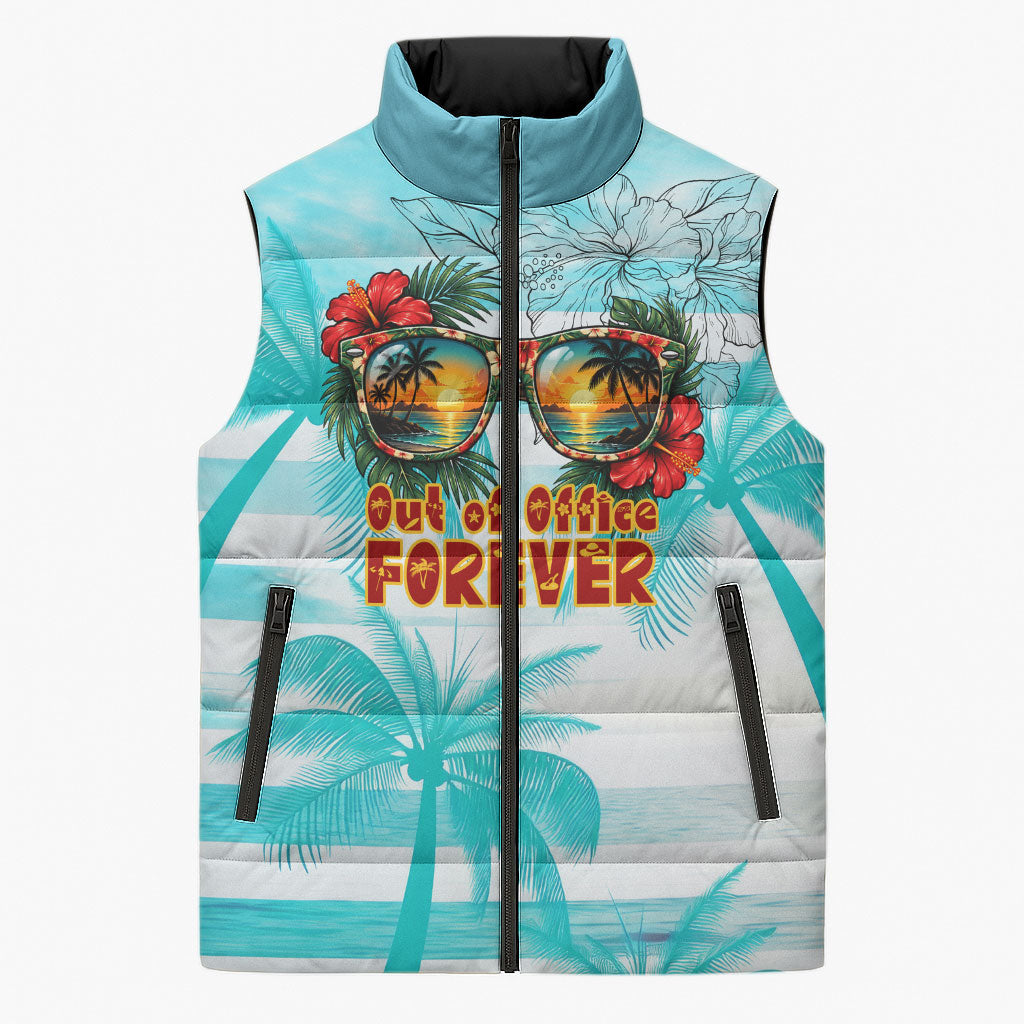 Out Of Office Retired Relocated Sleeveless Puffer Jacket Tropical Island Hawaiian Beach Sunset Sunglasses Suitcase TS04 Unisex Blue White - Polynesian Pride