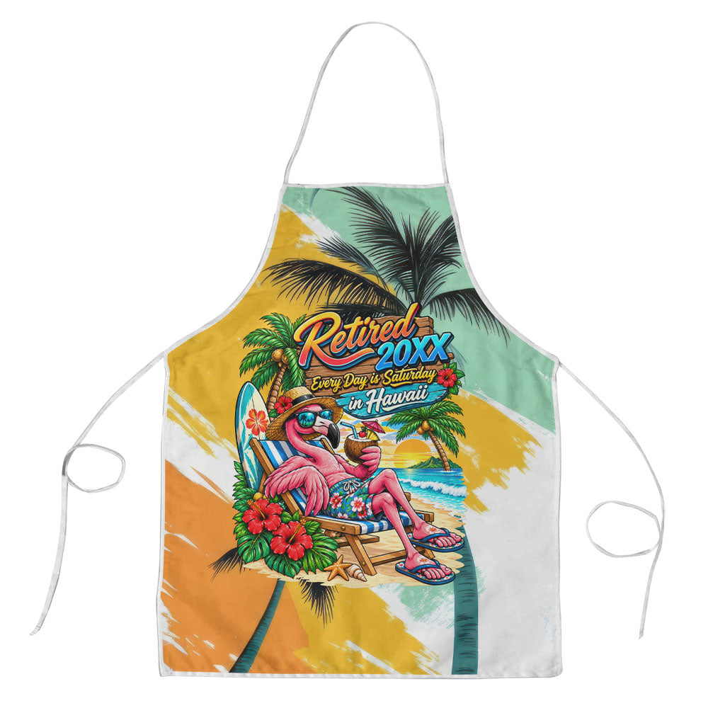 Hawaii Retirement Vacation Apron Tropical Sunset Beach Pink Flamingo Surfboard Palm Tree
