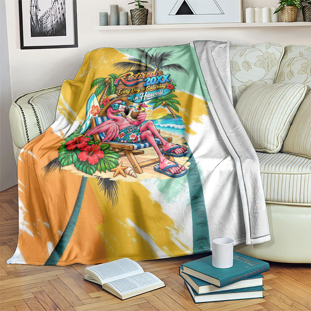 Hawaii Retirement Vacation Blanket Tropical Sunset Beach Pink Flamingo Surfboard Palm Tree