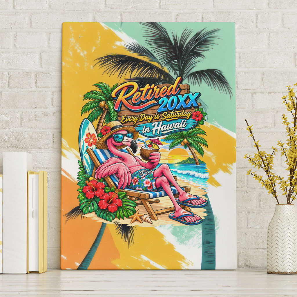 Hawaii Retirement Vacation Canvas Wall Art Tropical Sunset Beach Pink Flamingo Surfboard Palm Tree TS04 Without Frame Yellow Green - Polynesian Pride