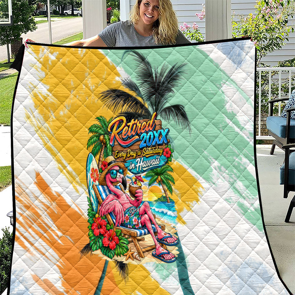 Hawaii Retirement Vacation Quilt Tropical Sunset Beach Pink Flamingo Surfboard Palm Tree