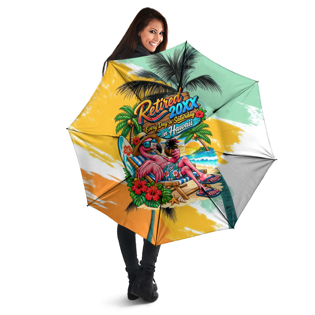Hawaii Retirement Vacation Umbrella Tropical Sunset Beach Pink Flamingo Surfboard Palm Tree TS04 - Polynesian Pride