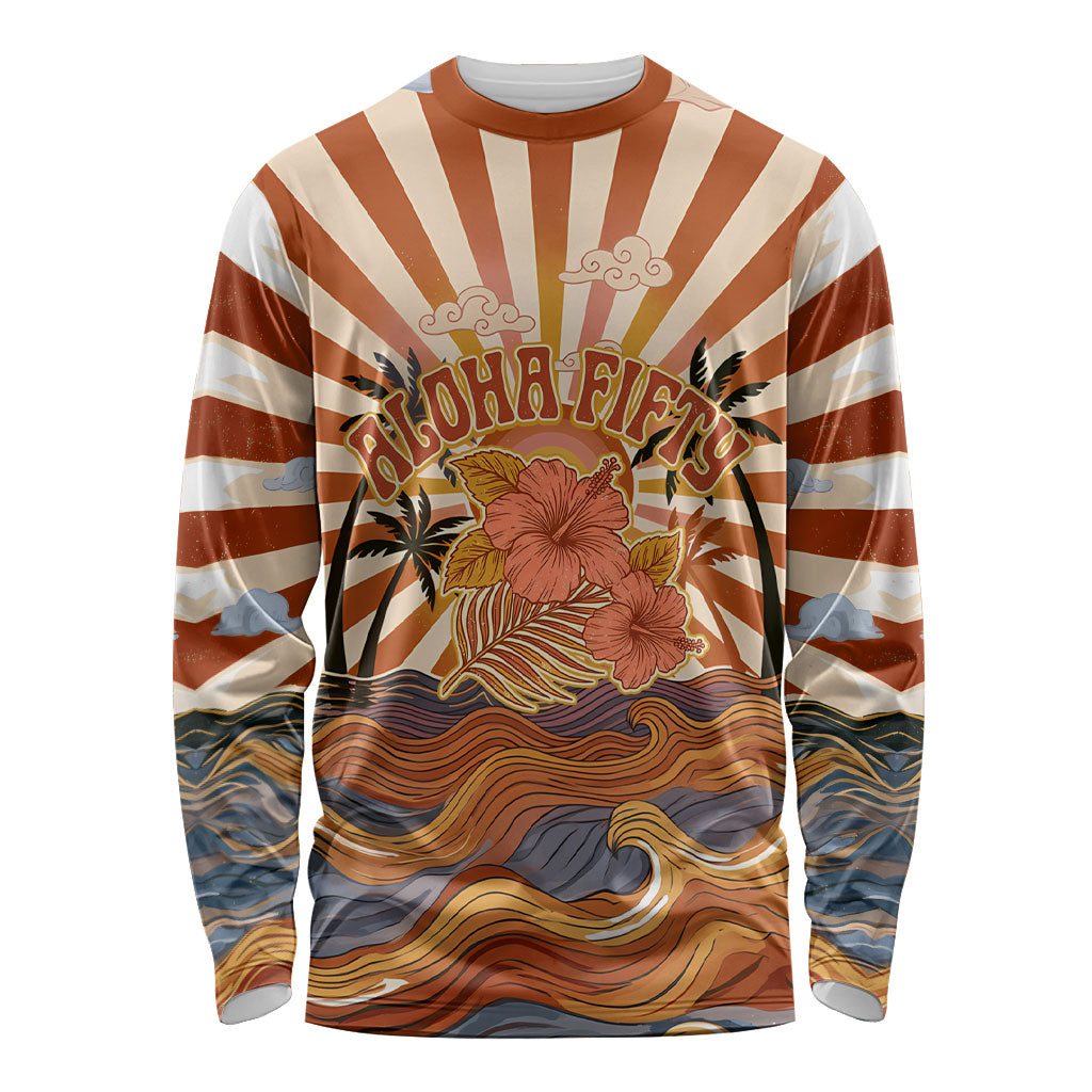 Aloha Nifty 50th Birthday Hawaii Long Sleeve Shirt Vintage Retro Sunburst Tropical Palm Tree Surfboard Art TS04 Unisex Orange Beige - Polynesian Pride