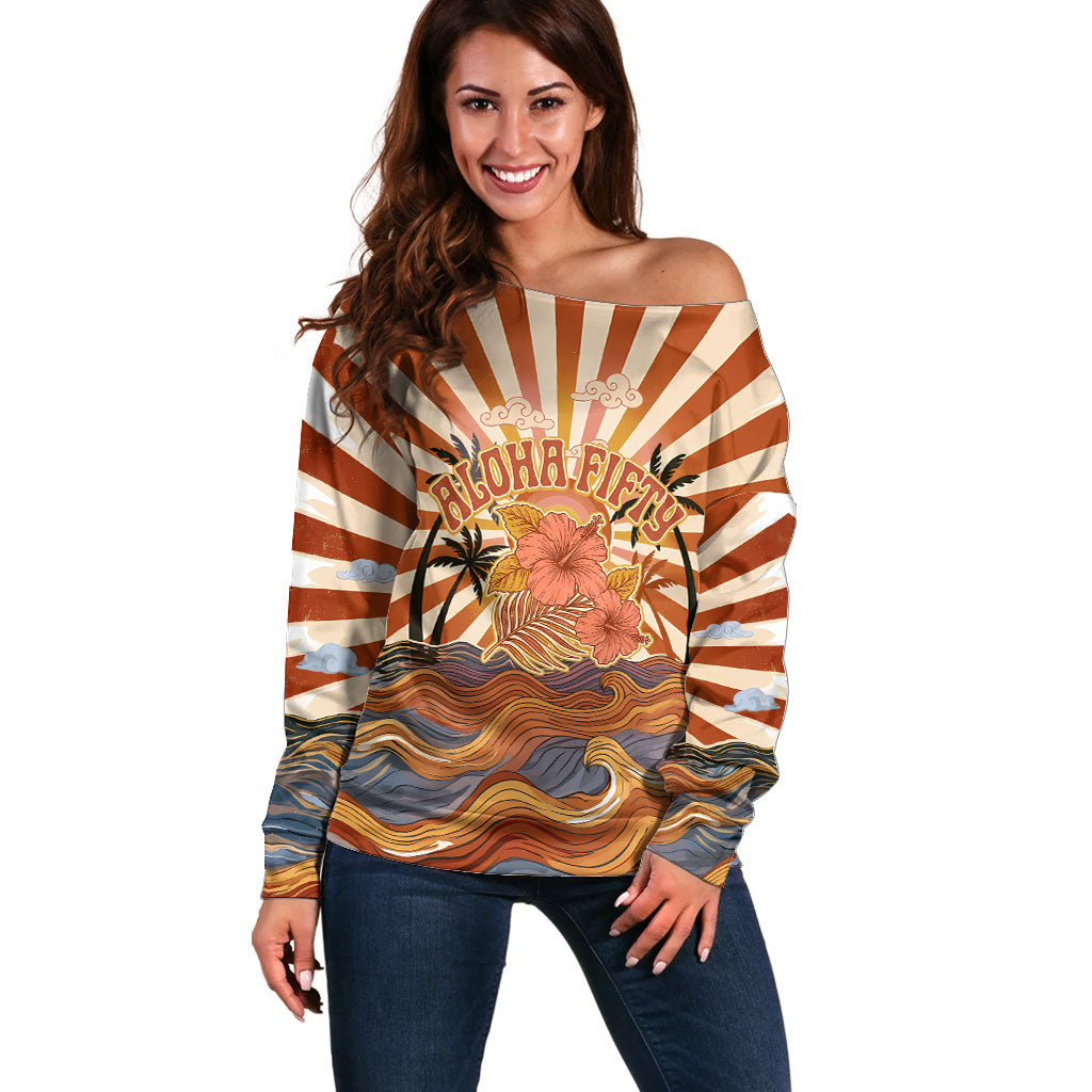 Aloha Nifty 50th Birthday Hawaii Off Shoulder Sweater Vintage Retro Sunburst Tropical Palm Tree Surfboard Art TS04 Women Orange Beige - Polynesian Pride