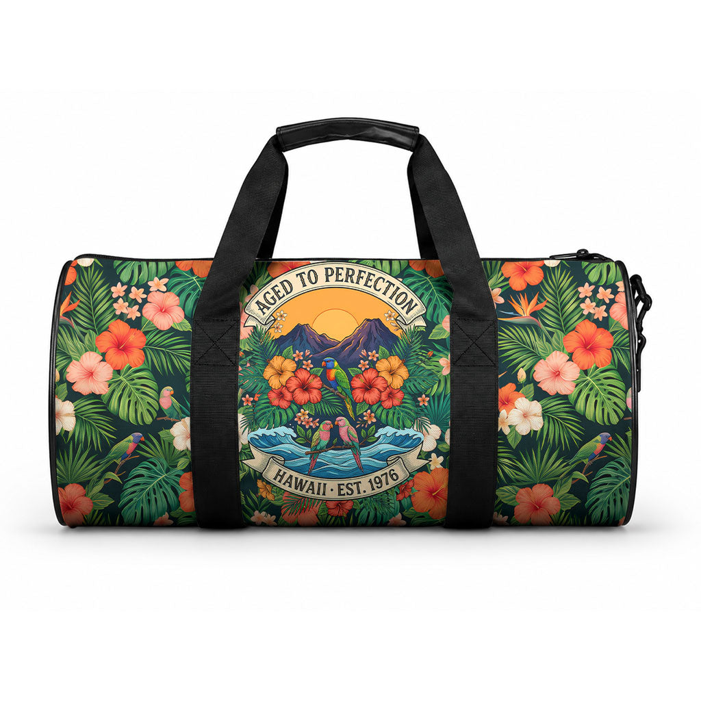 Hawaii 50th Birthday Duffle Bag Tropical Vintage Floral Hibiscus Parrot Island Sunset Art TS04 One size Green Pink - Polynesian Pride