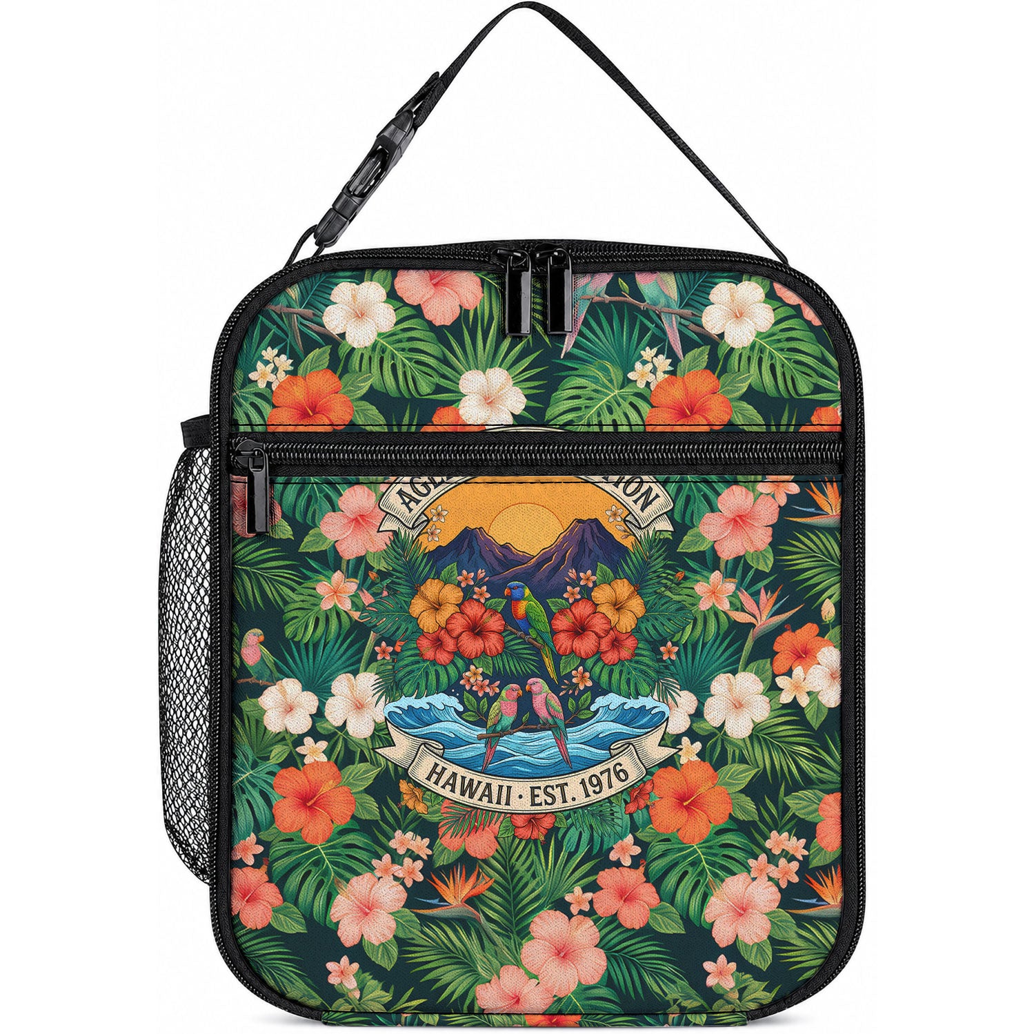 Hawaii 50th Birthday Lunch Bag Tropical Vintage Floral Hibiscus Parrot Island Sunset Art TS04 10.2 × 8.3 × 4.3 inch Green Pink - Polynesian Pride