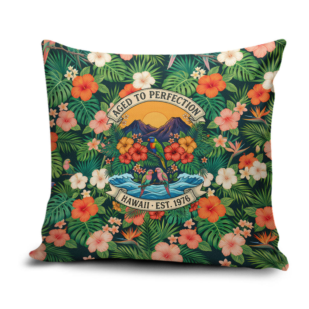 Hawaii 50th Birthday Pillow Cover Tropical Vintage Floral Hibiscus Parrot Island Sunset Art TS04 Green Pink - Polynesian Pride