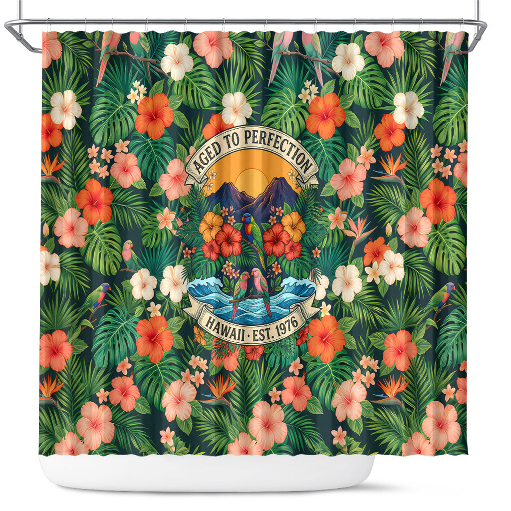 Hawaii 50th Birthday Shower Curtain Tropical Vintage Floral Hibiscus Parrot Island Sunset Art TS04 Green Pink - Polynesian Pride