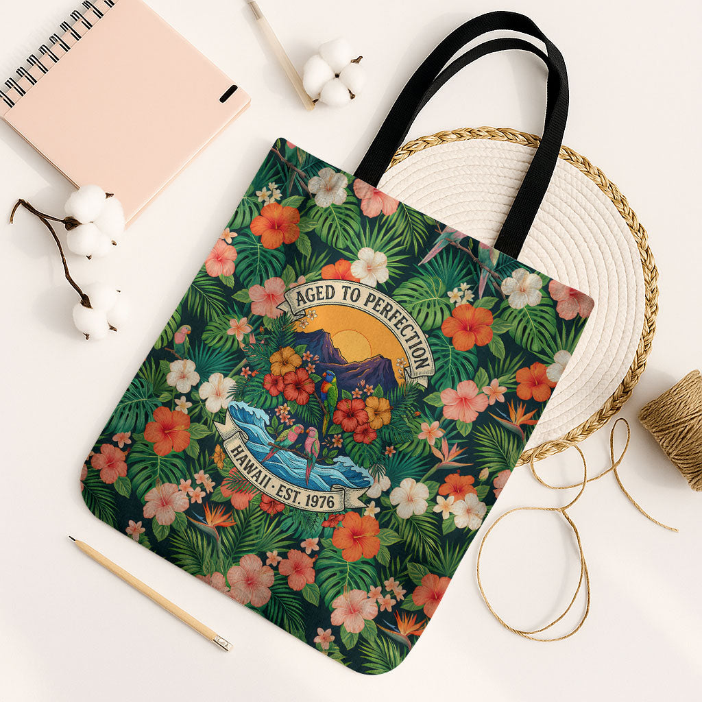Hawaii 50th Birthday Tote Bag Tropical Vintage Floral Hibiscus Parrot Island Sunset Art TS04 Black Strap One Size Green Pink - Polynesian Pride