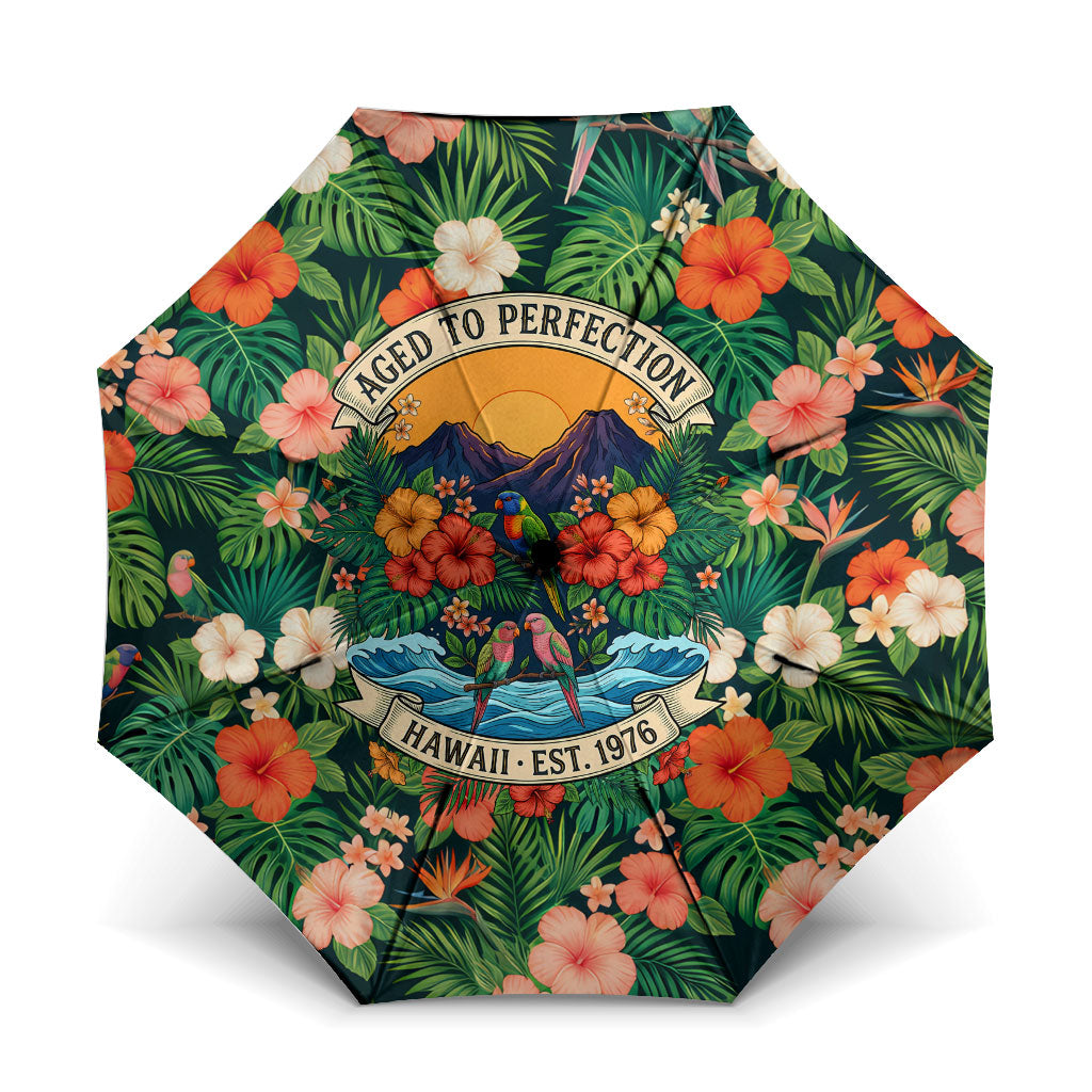 Hawaii 50th Birthday Umbrella Tropical Vintage Floral Hibiscus Parrot Island Sunset Art TS04 One Size Folded 11.42 inch Opened Diameter 37.4 inch Green Pink - Polynesian Pride