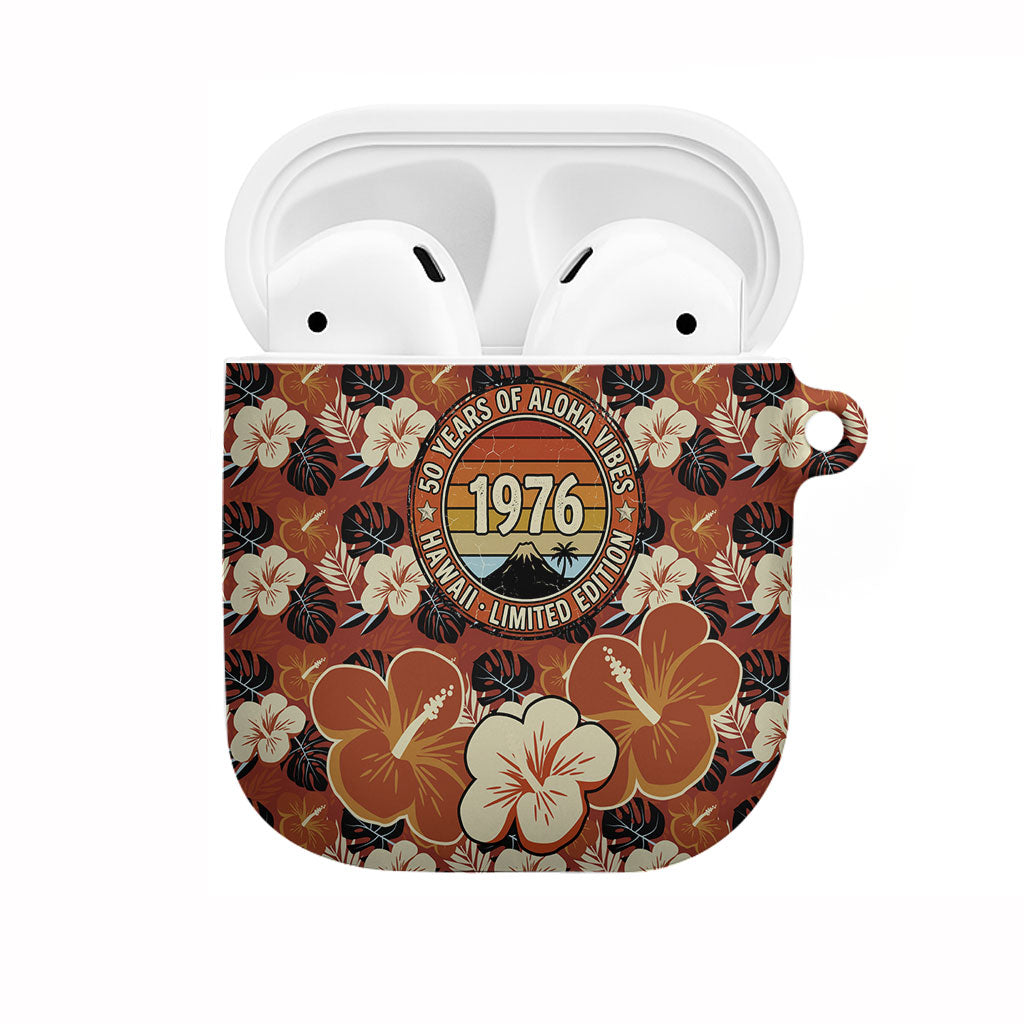 Hawaii 50th Birthday AirPods Case Vintage 1976 Limited Edition Floral Surfboard Aloha Vibes TS04 Orange Brown - Polynesian Pride