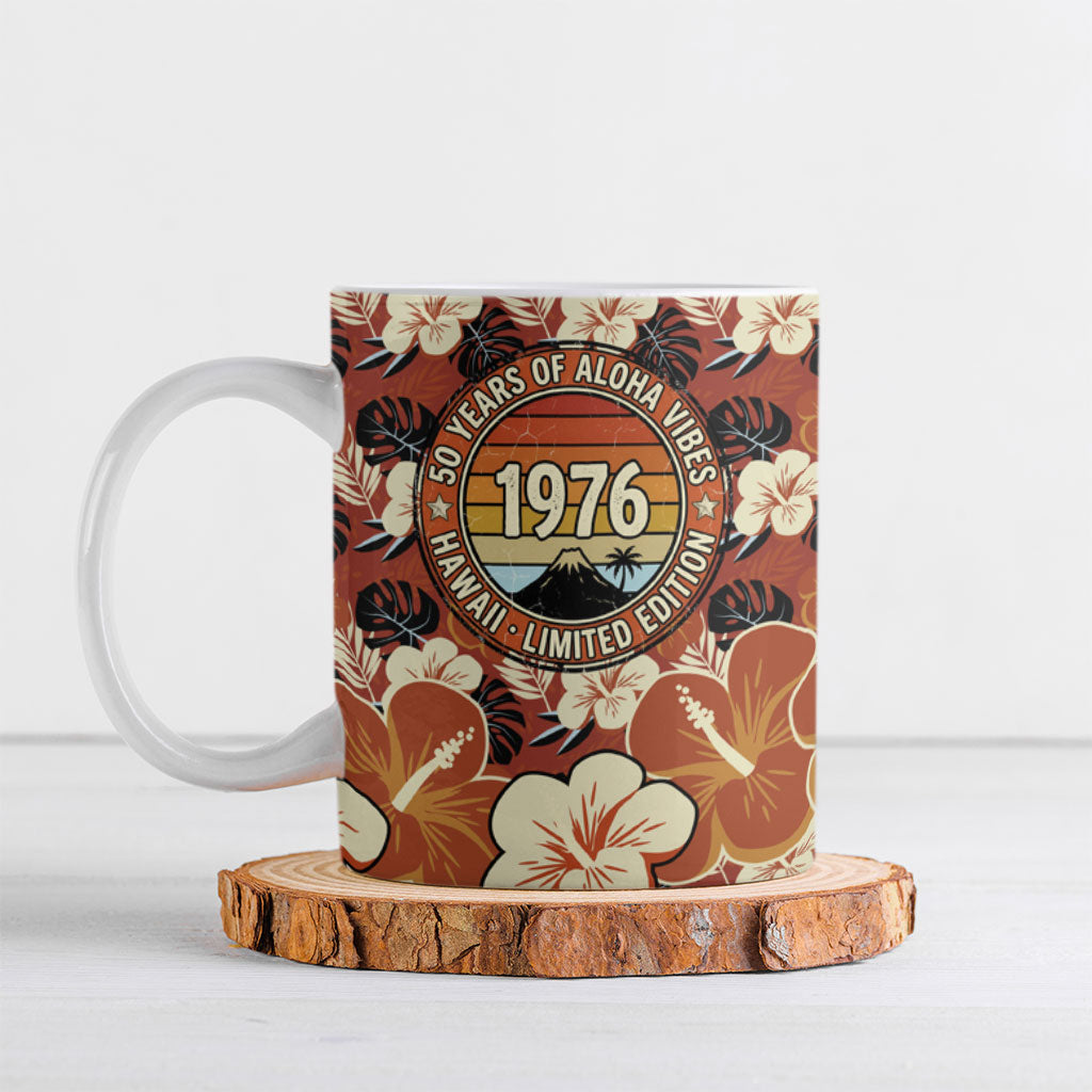Hawaii 50th Birthday Ceramic Mug Vintage 1976 Limited Edition Floral Surfboard Aloha Vibes