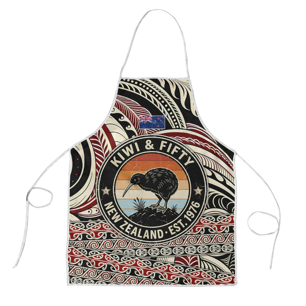 New Zealand 50th Birthday Kiwi Apron Vintage Est 1976 Kiwi Sunset Maori TS04 Red Beige - Polynesian Pride