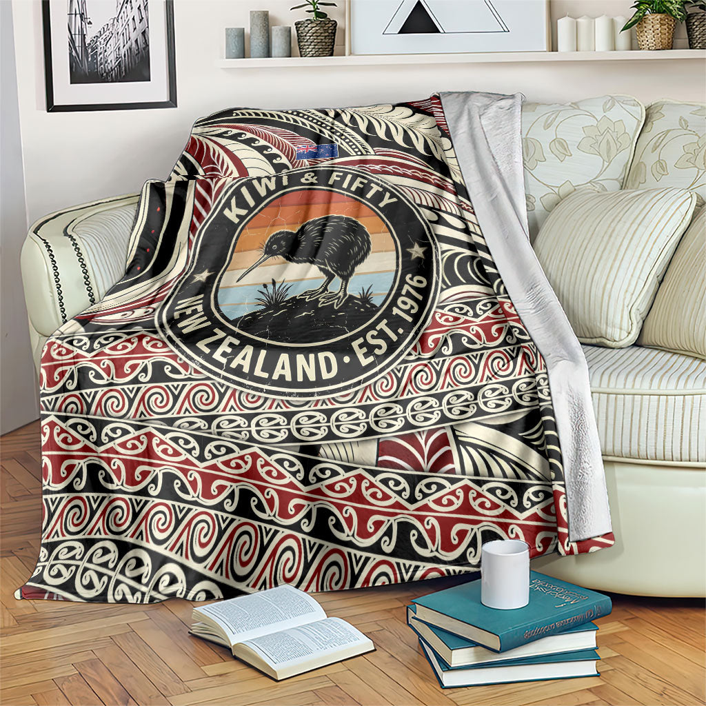 New Zealand 50th Birthday Kiwi Blanket Vintage Est 1976 Kiwi Sunset Maori TS04 Red Beige - Polynesian Pride