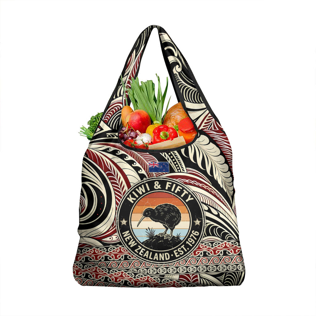 New Zealand 50th Birthday Kiwi Grocery Bag Vintage Est 1976 Kiwi Sunset Maori TS04 1-pack One Size Red Beige - Polynesian Pride