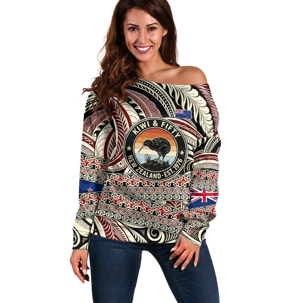 New Zealand 50th Birthday Kiwi Off Shoulder Sweater Vintage Est 1976 Kiwi Sunset Maori