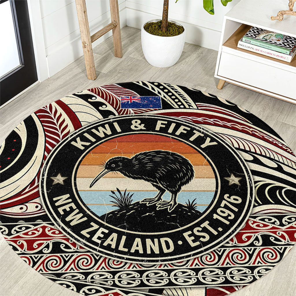 New Zealand 50th Birthday Kiwi Round Carpet Vintage Est 1976 Kiwi Sunset Maori TS04 Red Beige - Polynesian Pride