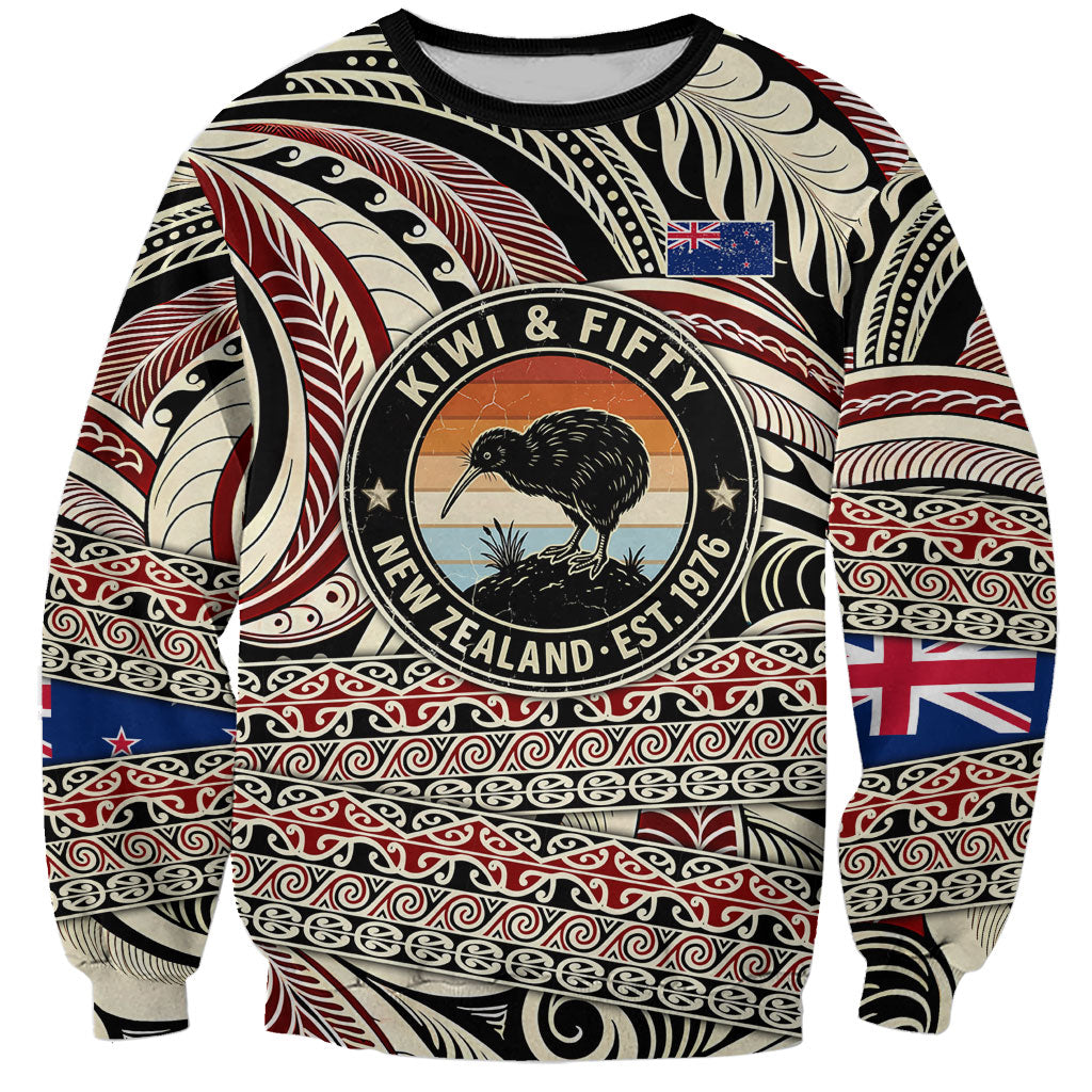 New Zealand 50th Birthday Kiwi Sweatshirt Vintage Est 1976 Kiwi Sunset Maori TS04 Unisex Red Beige - Polynesian Pride