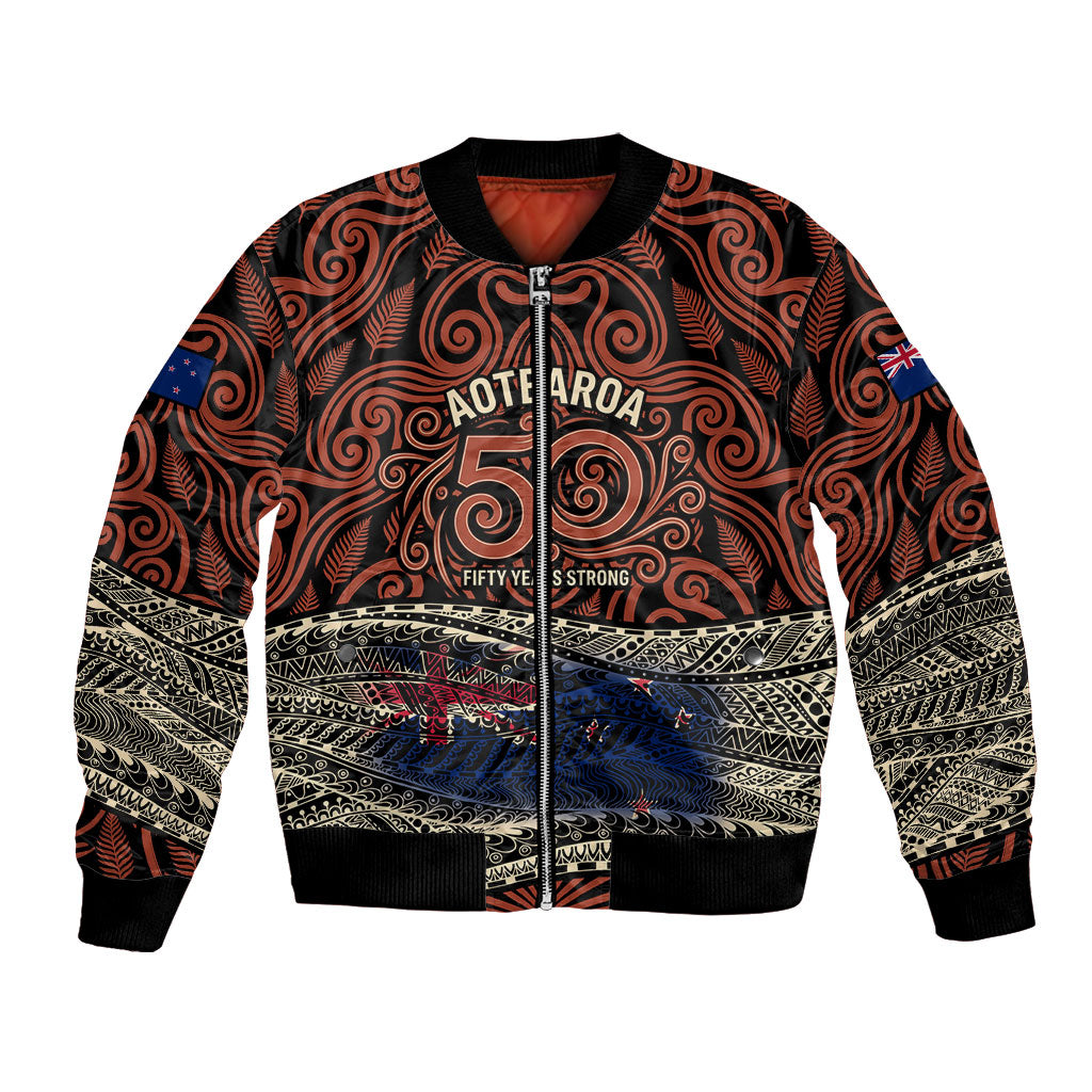 Personalised New Zealand 50th Birthday Bomber Jacket Aotearoa Tribal Pattern Silver Fern Flag TS04 Unisex Red Black - Polynesian Pride